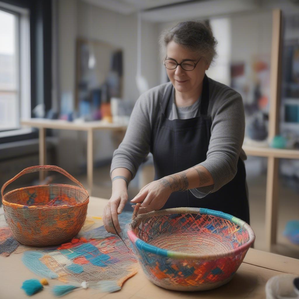 Artisan creating a modern basket using unconventional materials in a Scottish studio