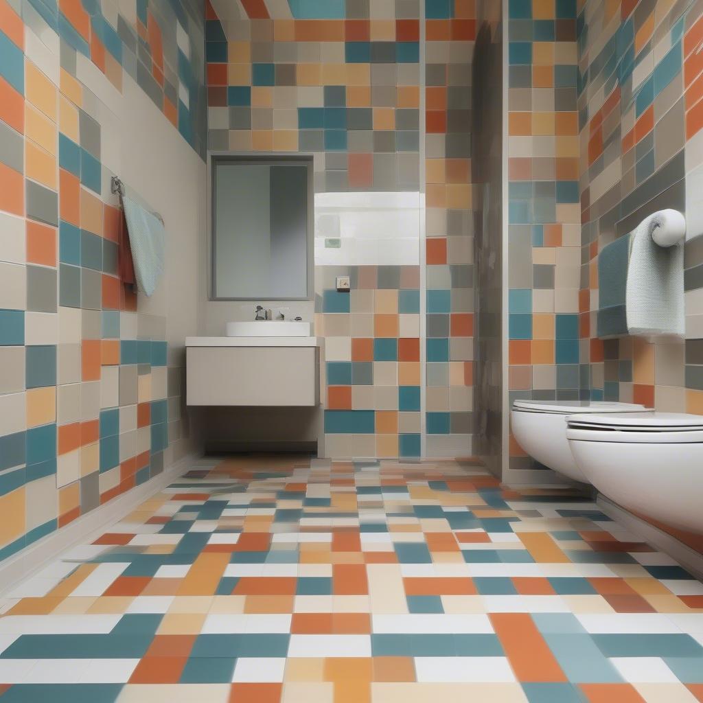 Modern bathroom with basket weave linoleum floor.