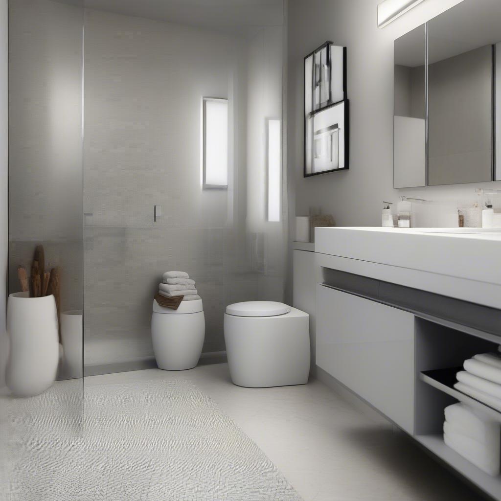 A modern bathroom featuring basket weave silver accessories.