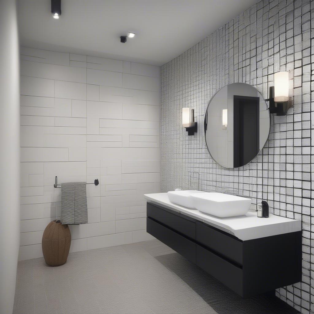 A modern black and white bathroom featuring a basket weave tile accent wall.