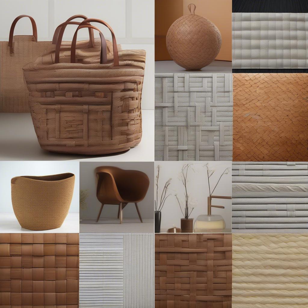 Examples of modern designs inspired by the intricate patterns of basket weave leaflets, including fashion accessories and home decor items.