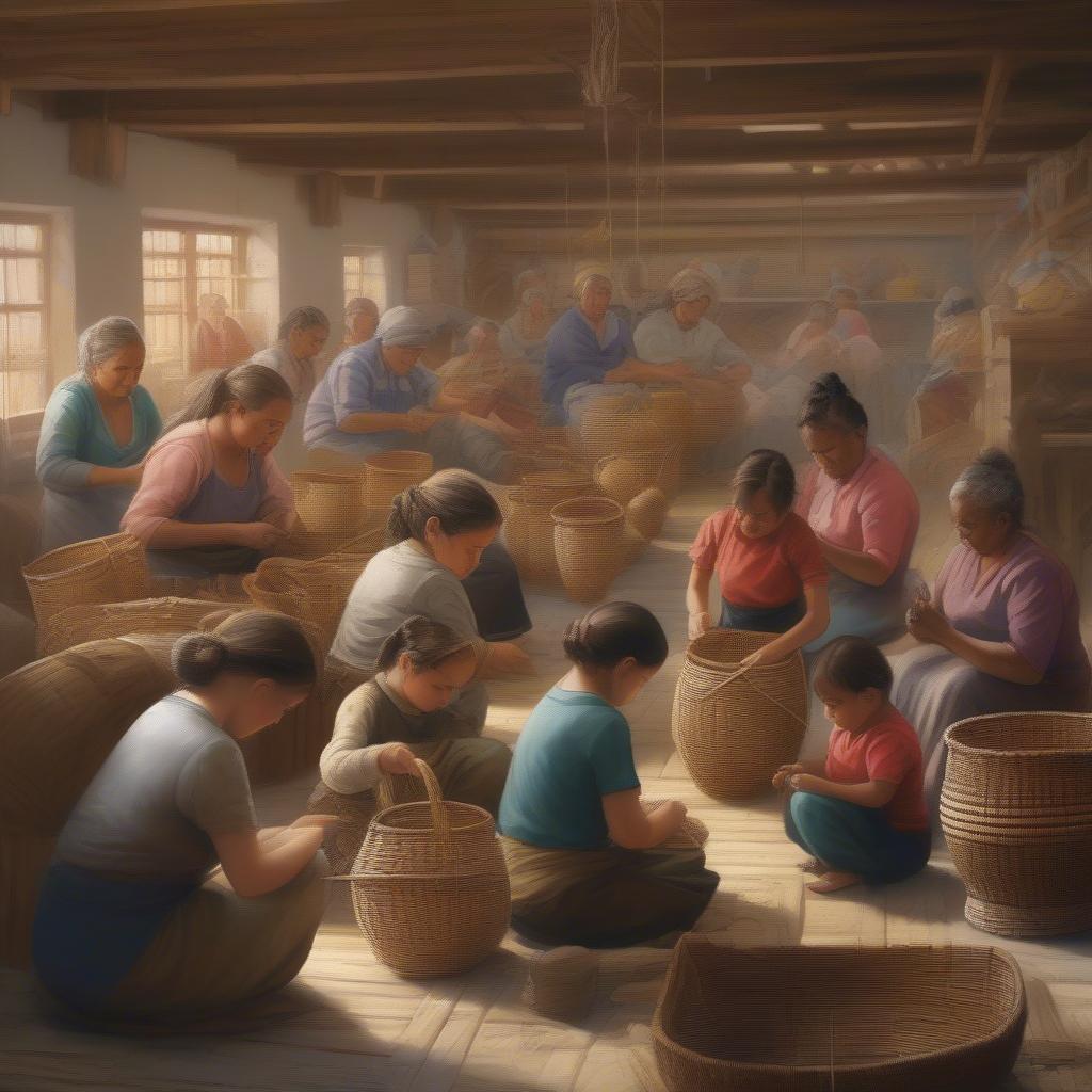 A modern basket weaving workshop in Germany, showing people learning the craft.