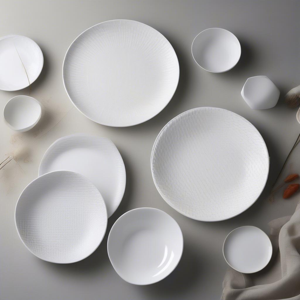 A set of modern Japanese porcelain plates with a subtle basket weave texture