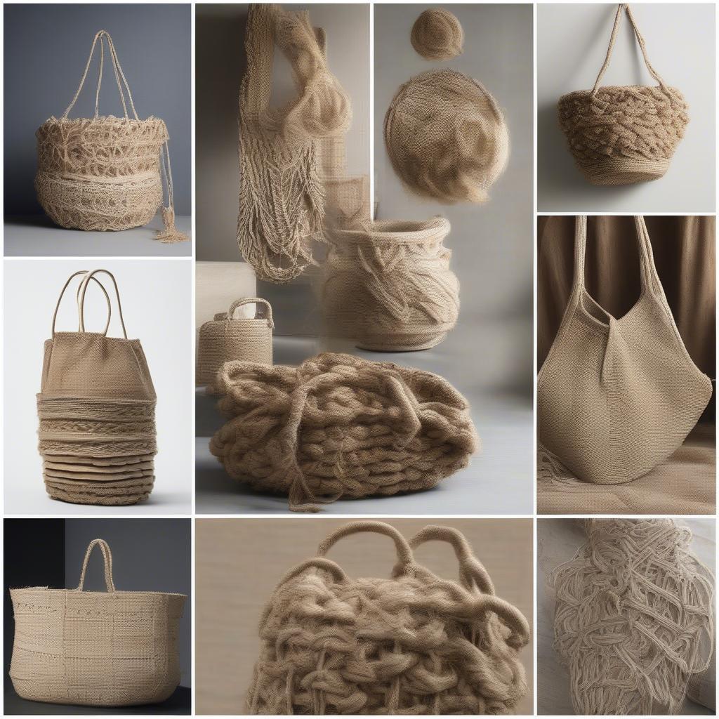 Various modern weaving techniques applied to jute, including macrame, basket weave, and innovative patterns.