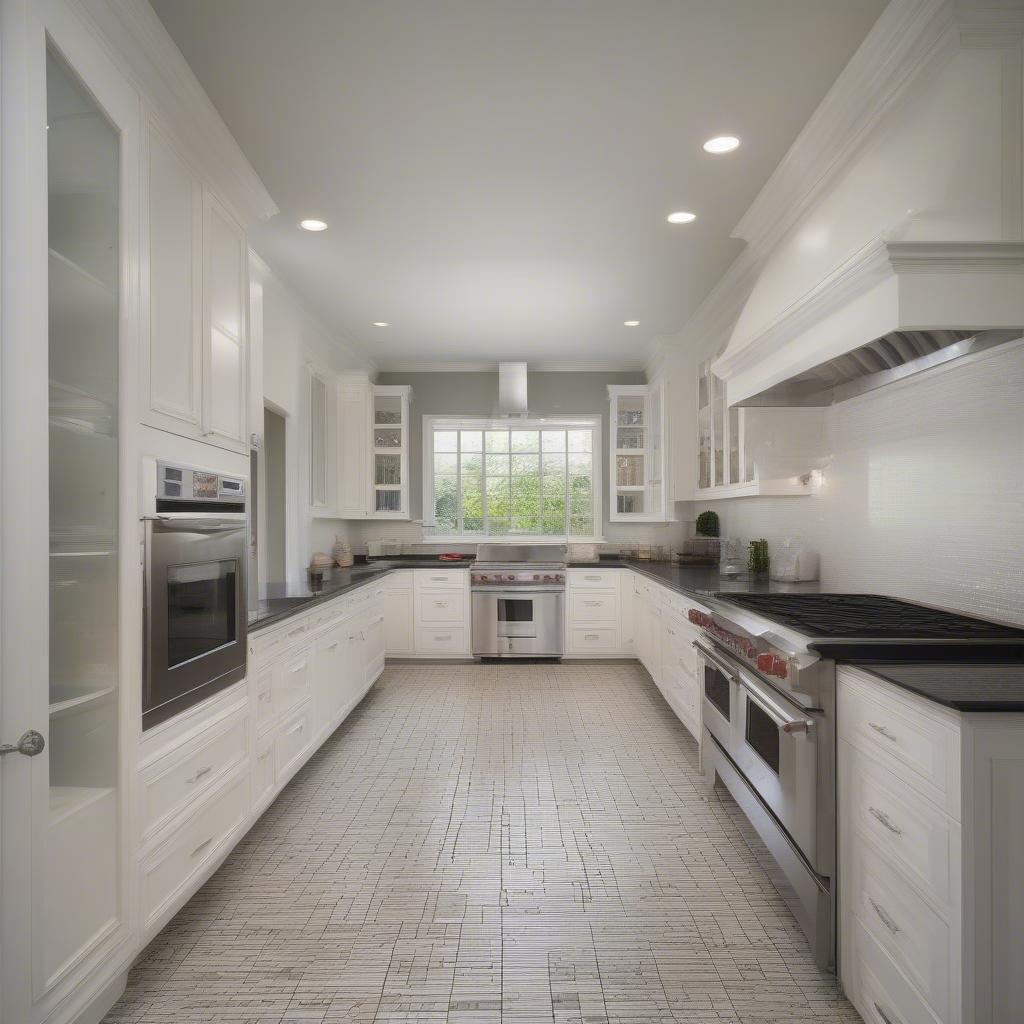 Modern kitchen with a basket weave floor, demonstrating a contemporary application of this classic pattern