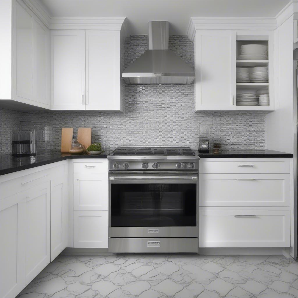 Modern kitchen featuring black and white basketweave backsplash