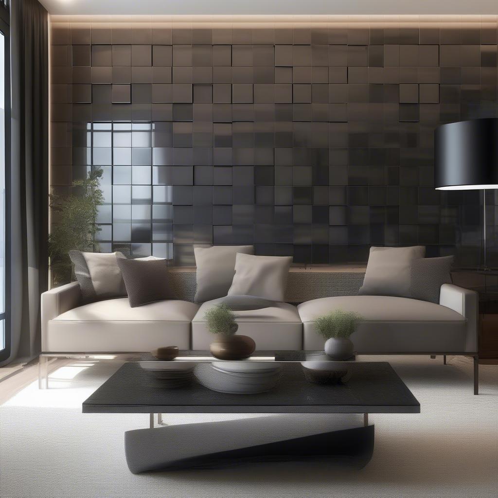 A modern living room featuring a basket weave tile accent wall, creating a stylish and contemporary focal point.