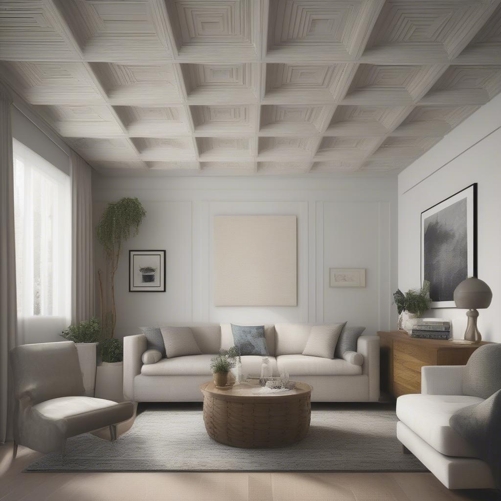 Modern living room featuring a basket weave ceiling, demonstrating its application in contemporary interior design.