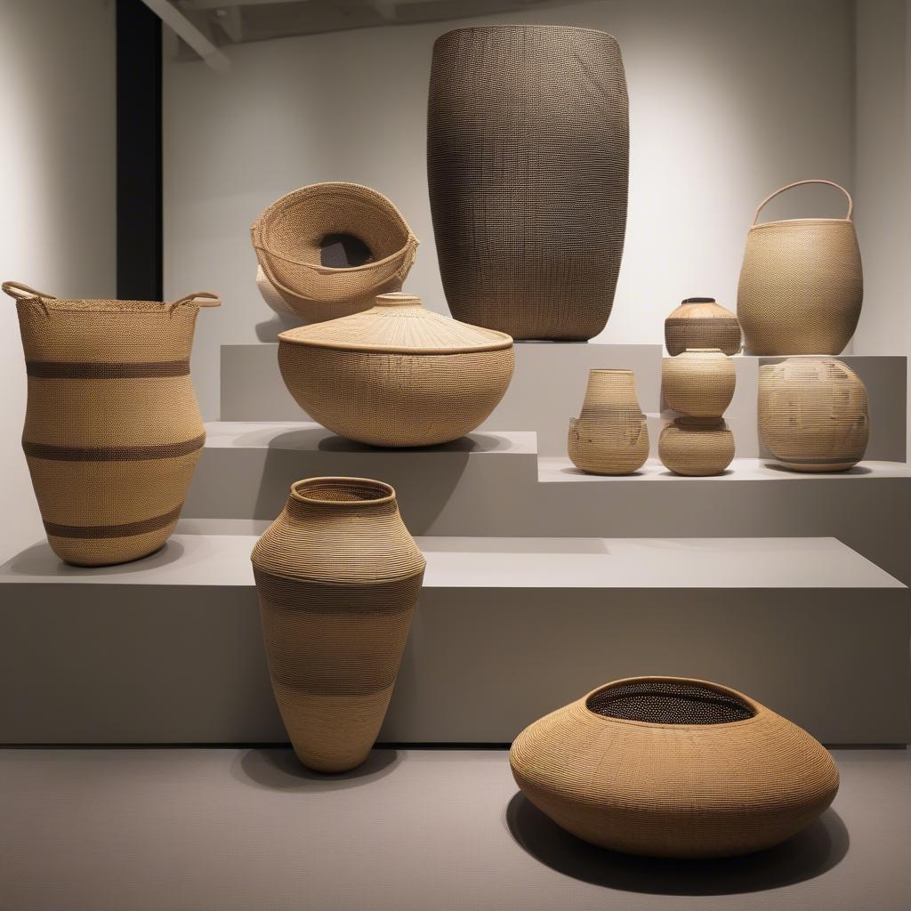 An exhibition showcasing contemporary Malaysian basket designs, featuring innovative shapes, materials, and applications.