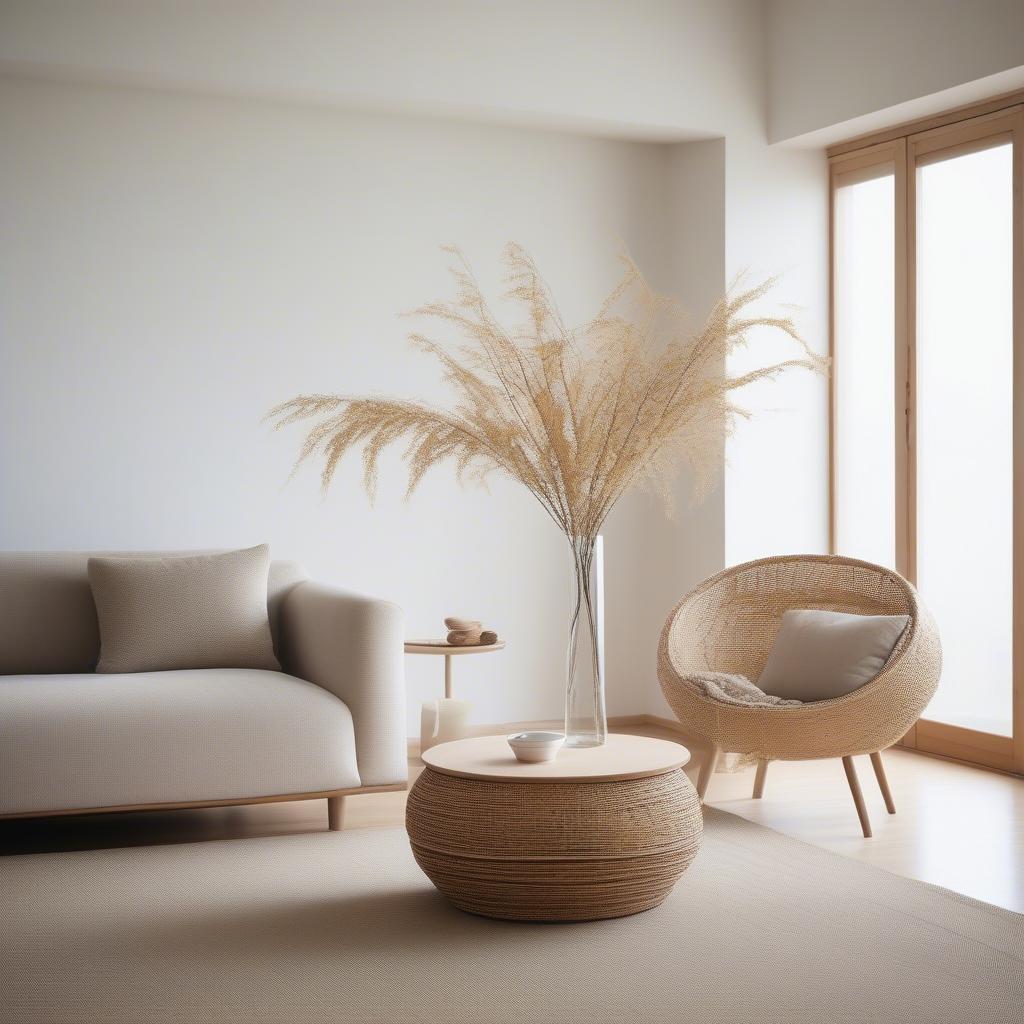 Modern minimalist living room featuring a Japanese bamboo vase