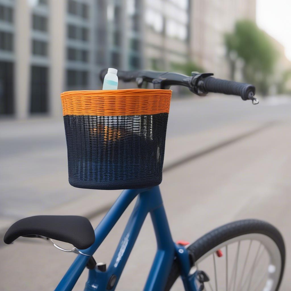 Modern synthetic bike weave basket attached to handlebars.