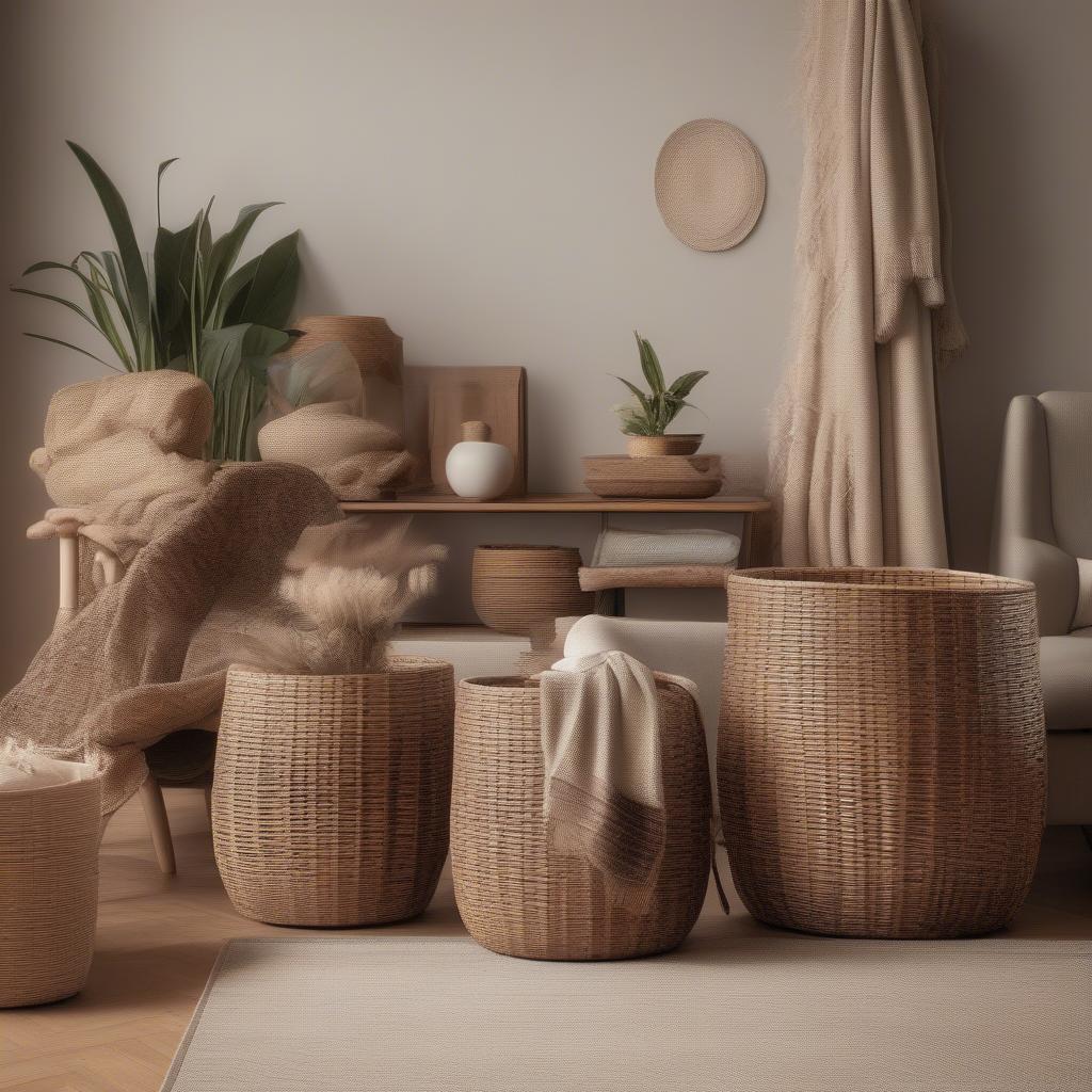 Modern weave rattan basket bins in a living room setting, showcasing their versatility and aesthetic appeal.