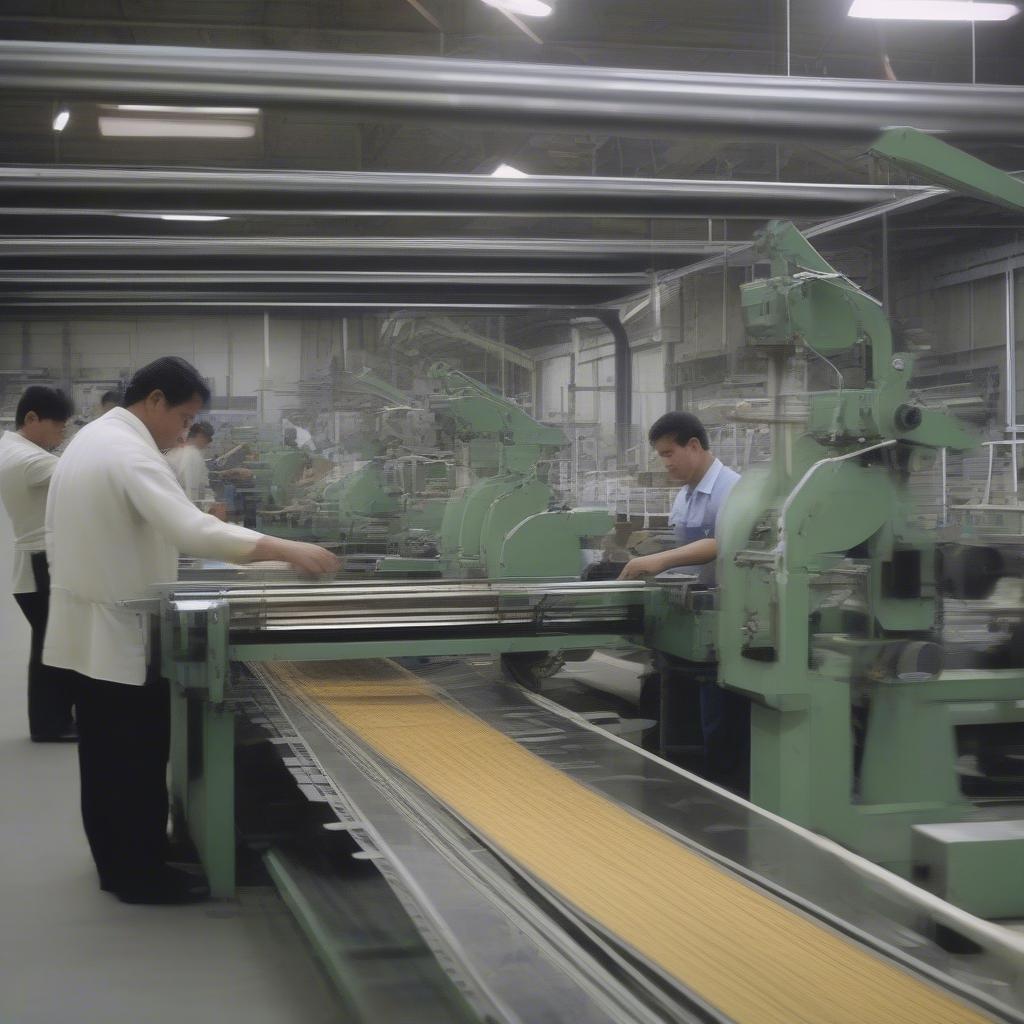 A modern weaving basket factory incorporating automated processes alongside traditional handweaving.