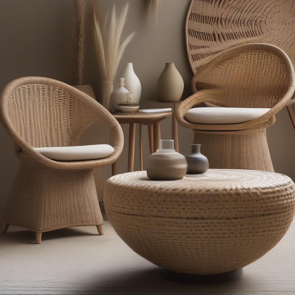 Modern furniture pieces made with wicker, demonstrating various weaving textures and their application in contemporary design.