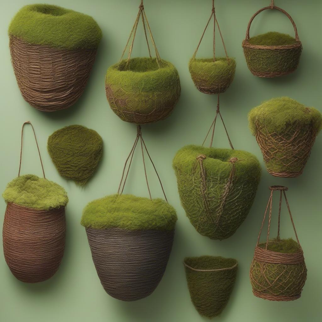 Various Moss Weave Hanging Baskets Showcasing Different Styles and Sizes