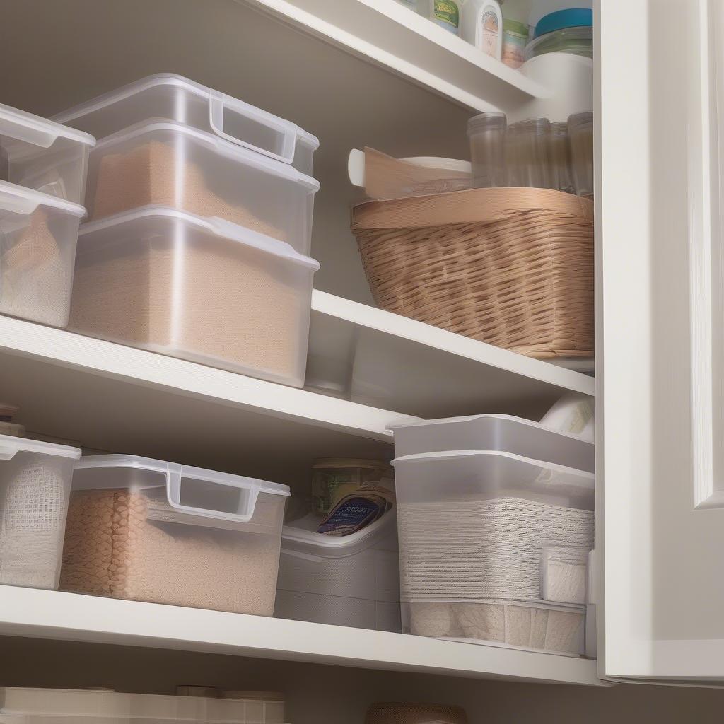 Multiple Sterilite Tall Weave Baskets Used for Pantry Organization