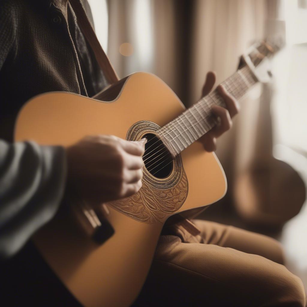 Musician playing guitar with a basket weave guitar strap, demonstrating its comfort and style during a performance.