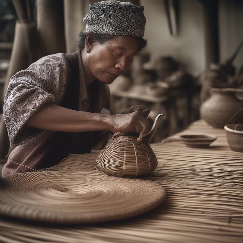 Artisan's hands weaving rattan around a teapot form, showcasing the creation process of a Nantucket basket weave tea pot.