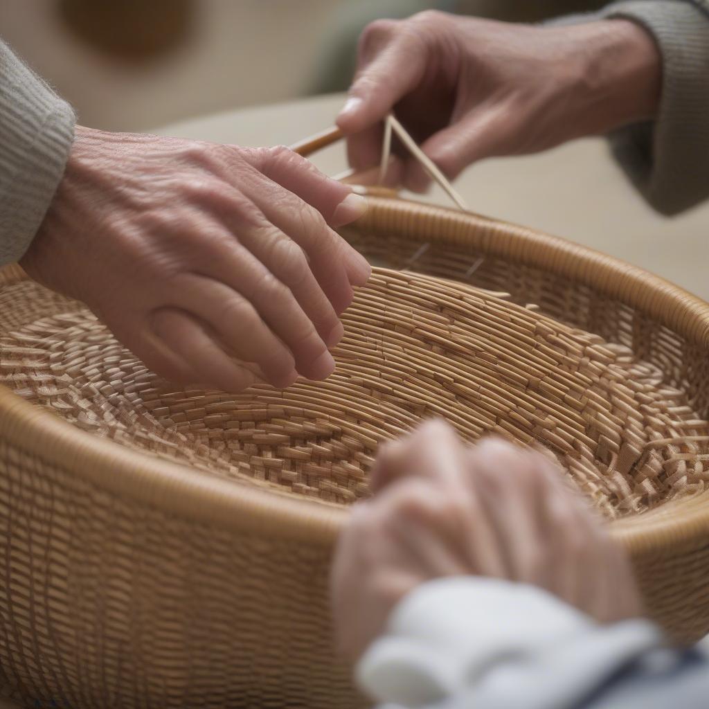 Nantucket Basket Weaving Basics: A close-up of hands meticulously weaving a Nantucket basket, showcasing the precise placement of cane and the intricate weaving pattern.