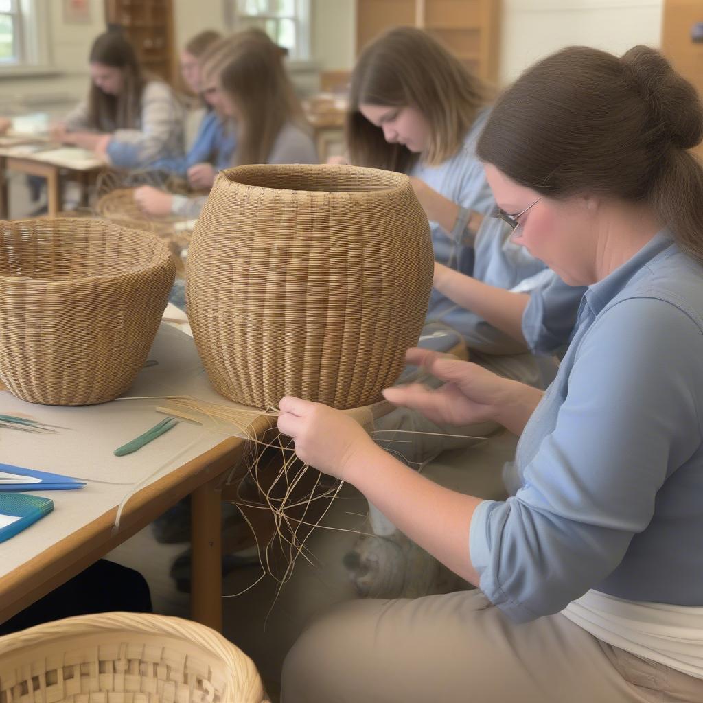 Close-up of hands weaving a Nantucket basket during a class on Cape Cod.