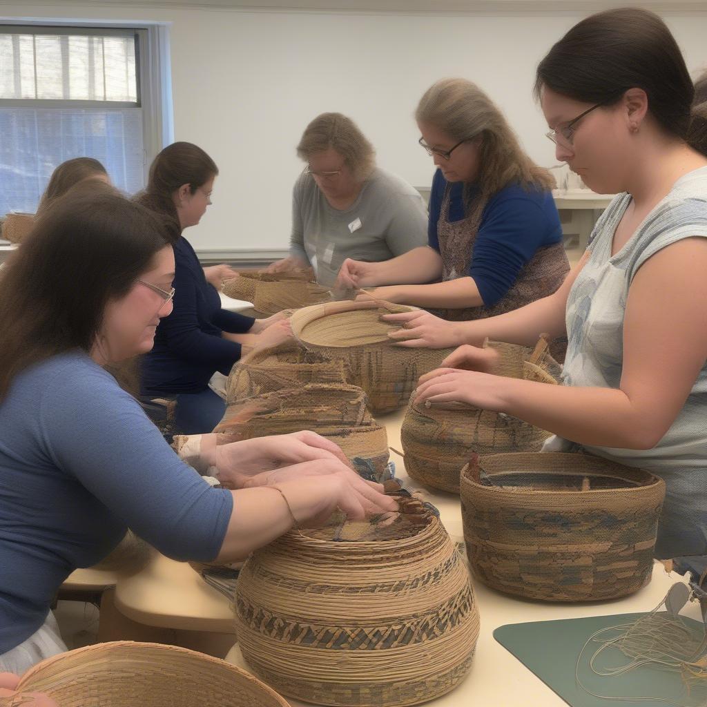 Students working on their Nantucket baskets in a weaving class