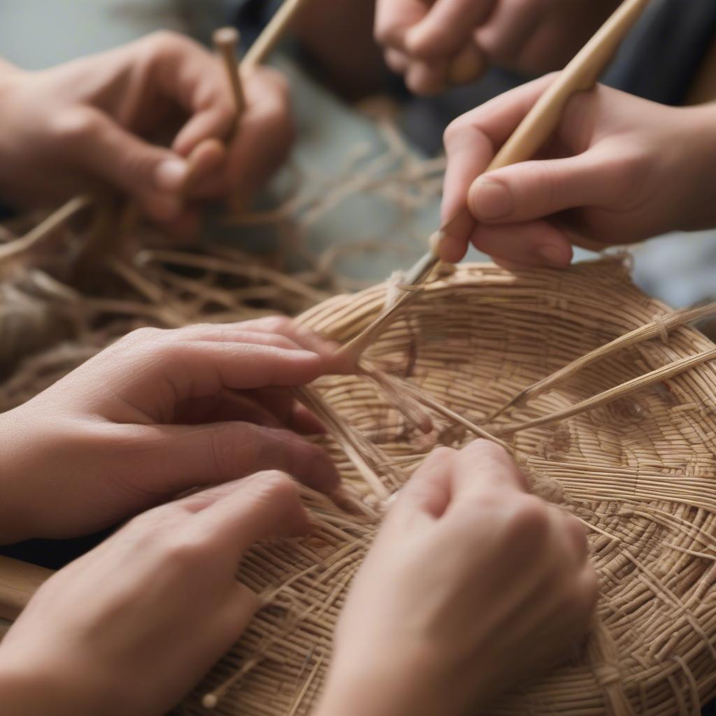 Students engaged in a Nantucket basket weaving class