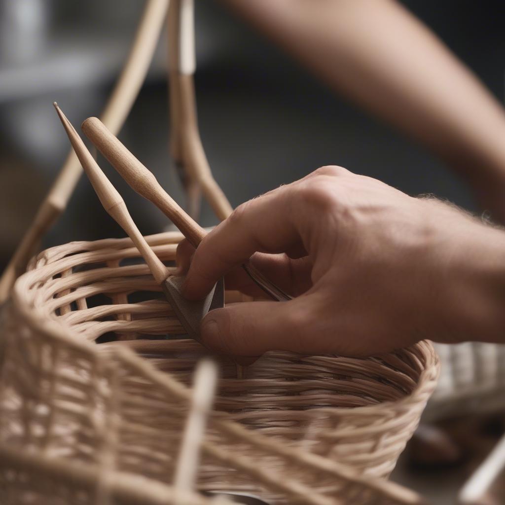 A close-up of a weaver's hands using a Nantucket basket weaving stand, showcasing the stability and precise angle it provides for the weaving process.