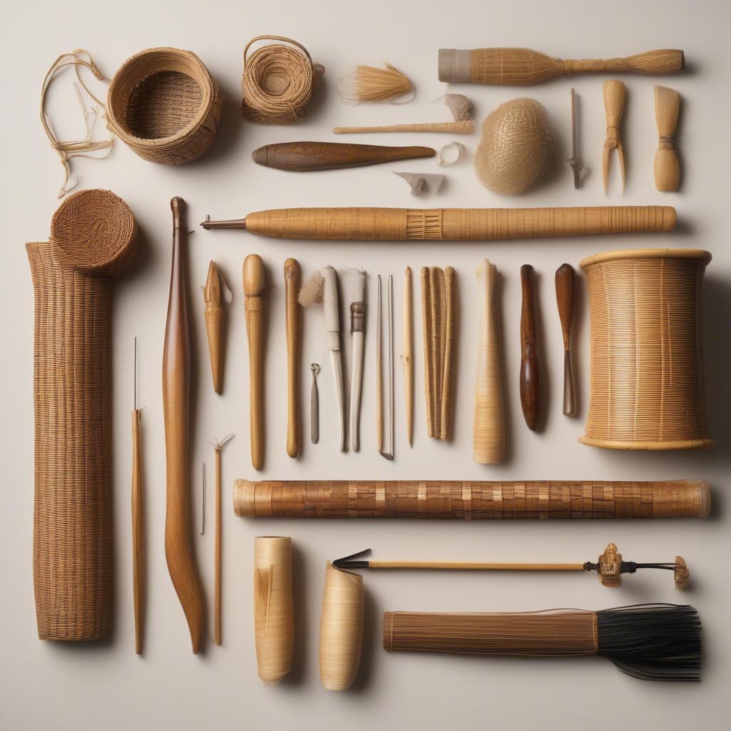 An assortment of tools and materials used in Nantucket basket weaving