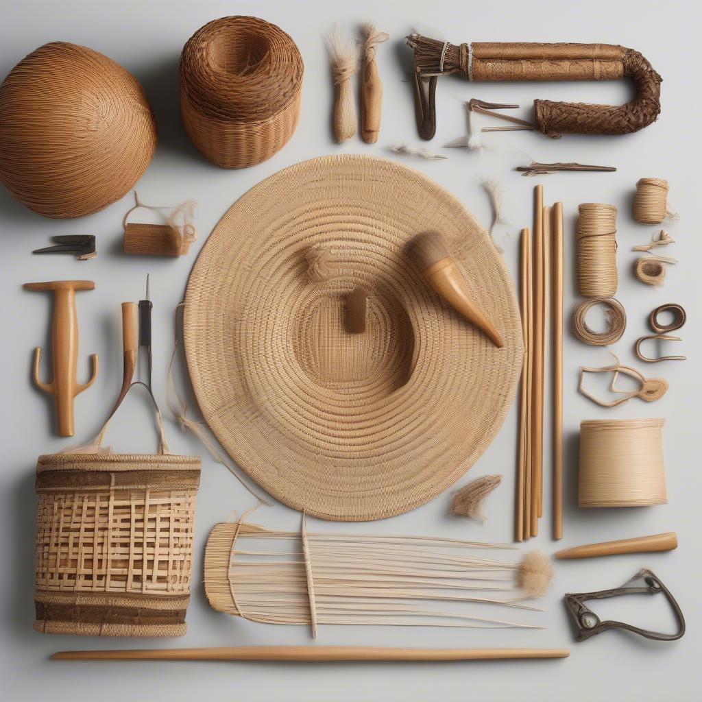 Display of essential tools and materials for Nantucket basket weaving