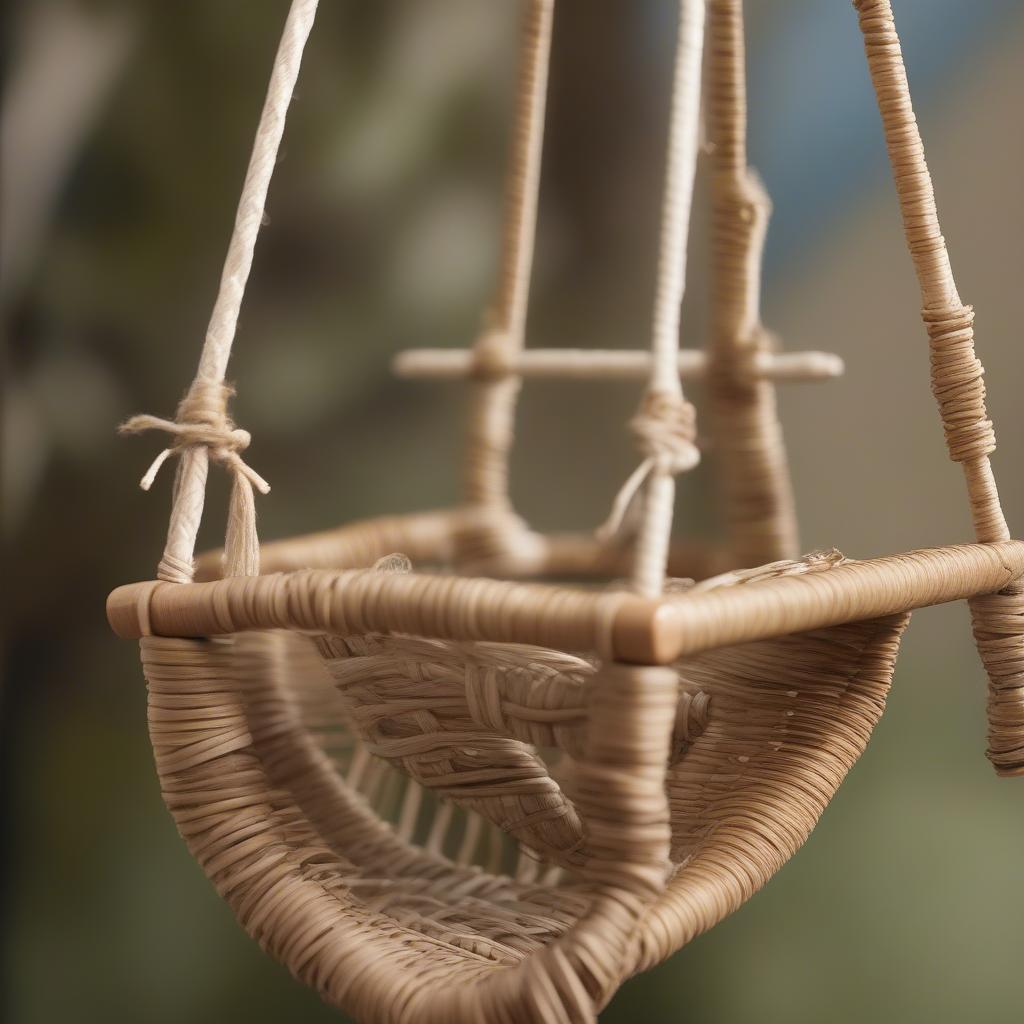 Close-up of a Native American basket weave doll swing showing intricate details and natural materials