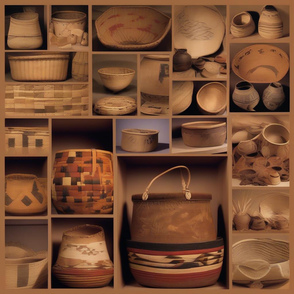 Display of various Native American baskets showcasing regional variations in materials, techniques, and patterns.