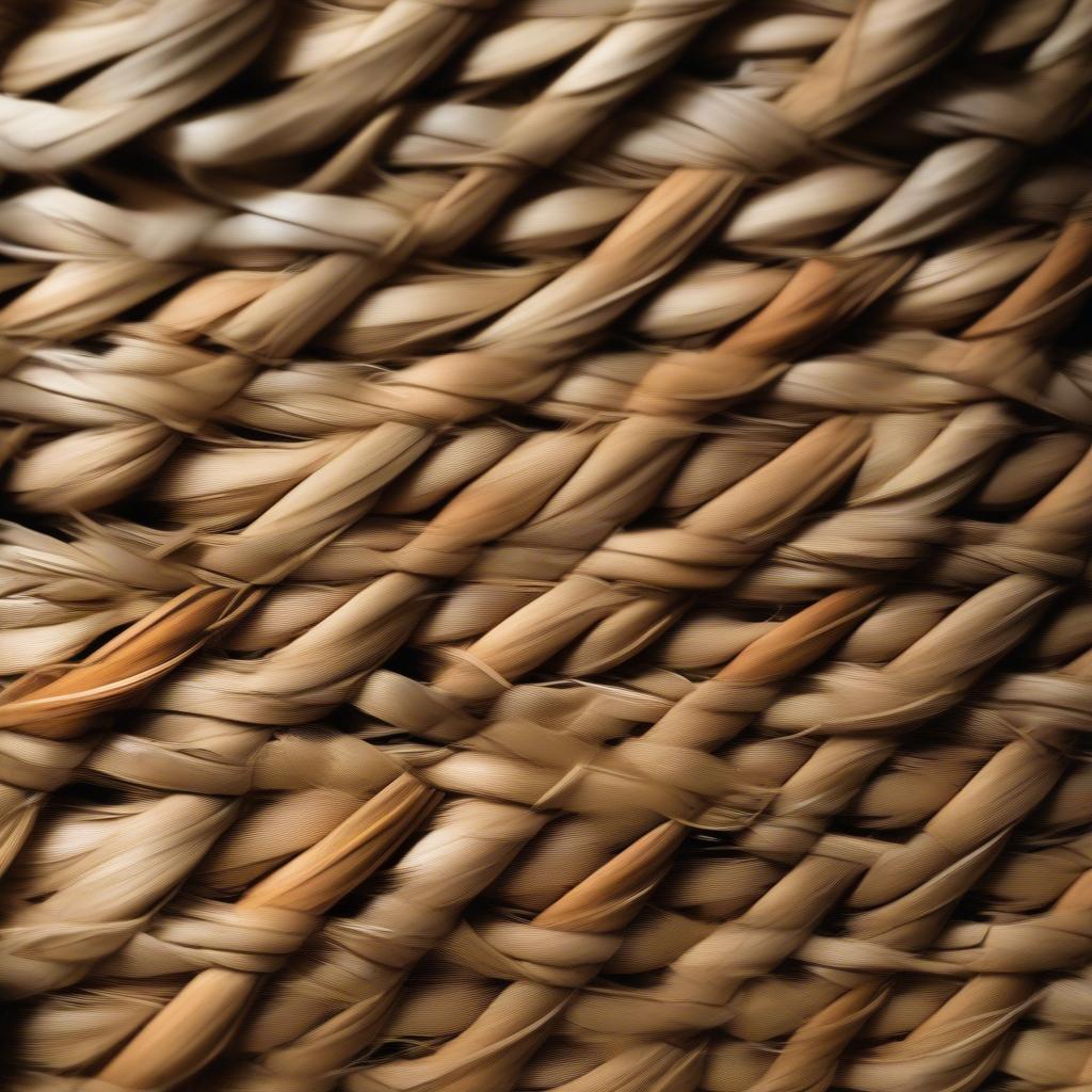 Close-up view of a Native American basket weave, showing the intricate details of the weaving technique and the natural materials used.