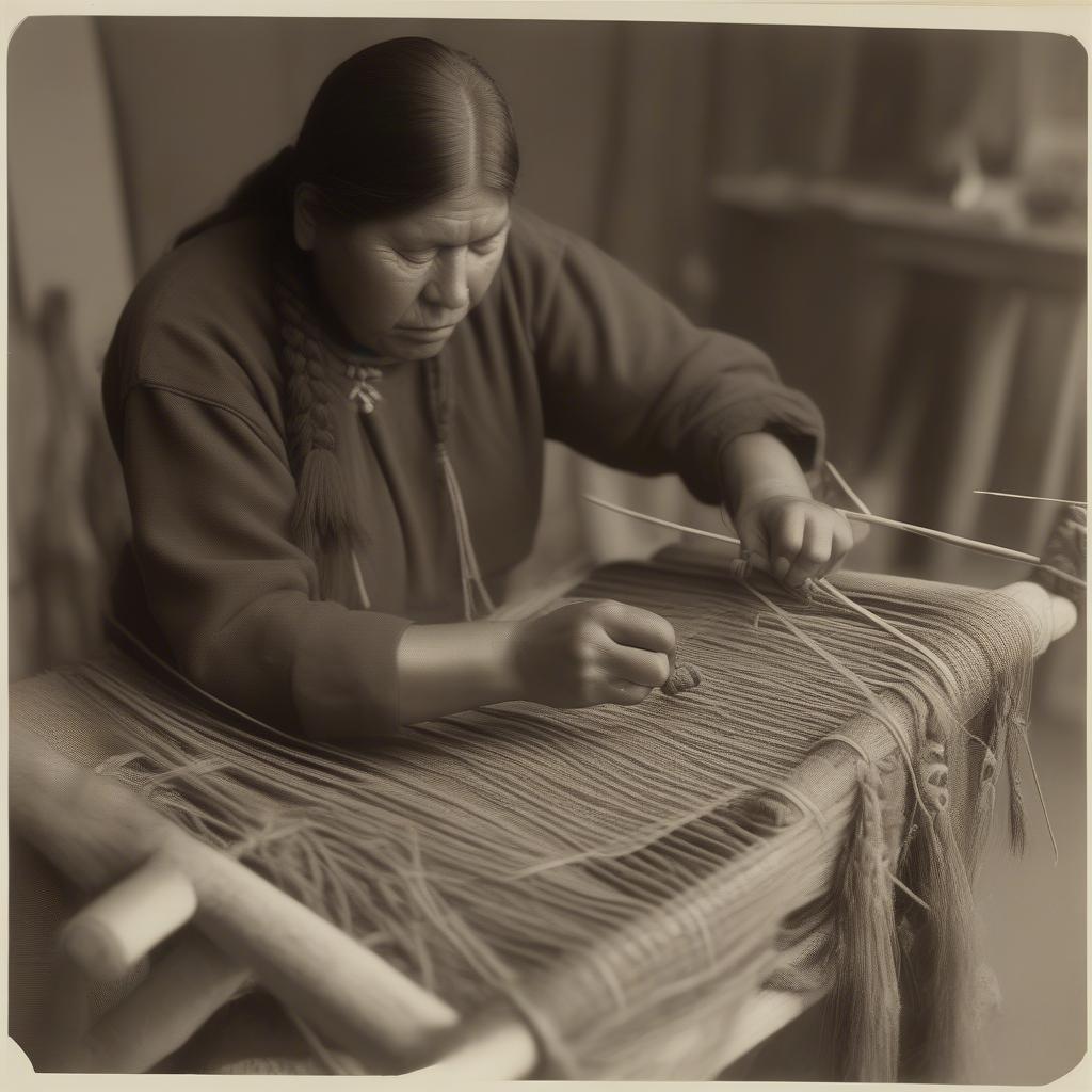 Native American artisan weaving a doll swing using traditional techniques and natural materials