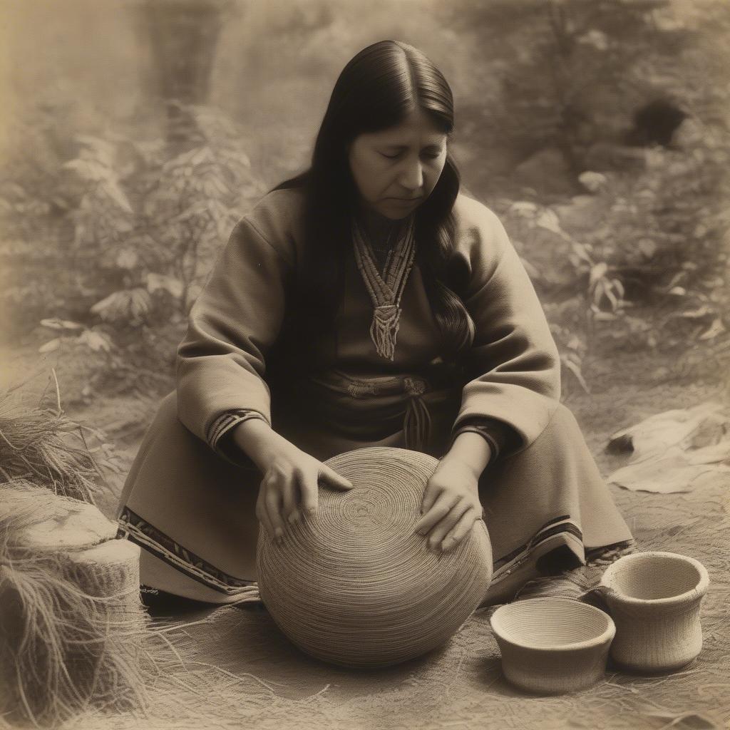 Native American woman expertly weaving a traditional basket