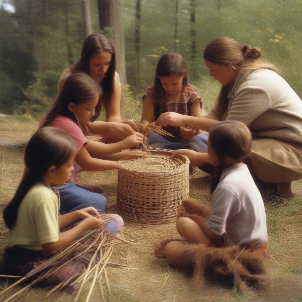 Kids Learning Native American Basket Weaving Techniques