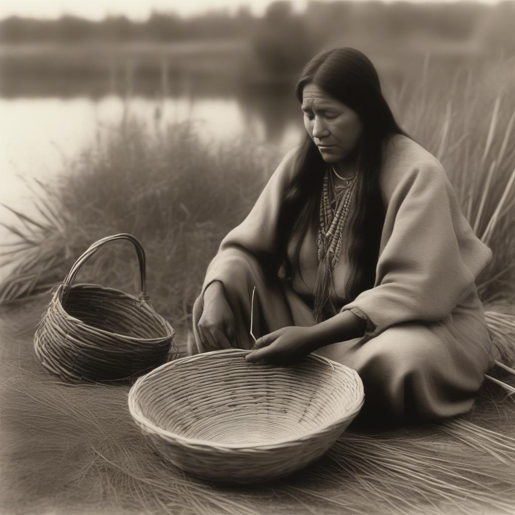 Native American woman demonstrating traditional basket weaving techniques in a documentary film.