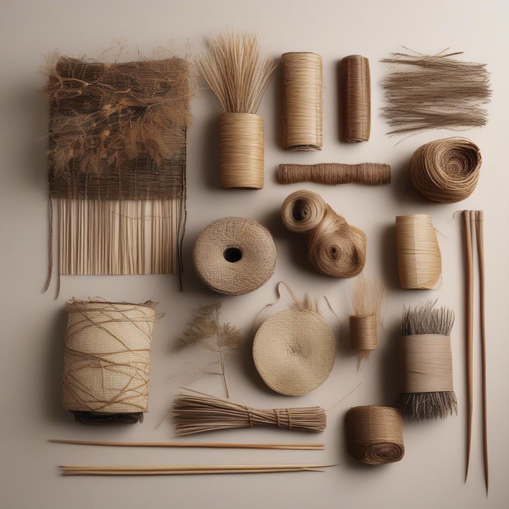 Various natural materials used in Native American basket weaving kits, including reeds, willow, and pine needles.