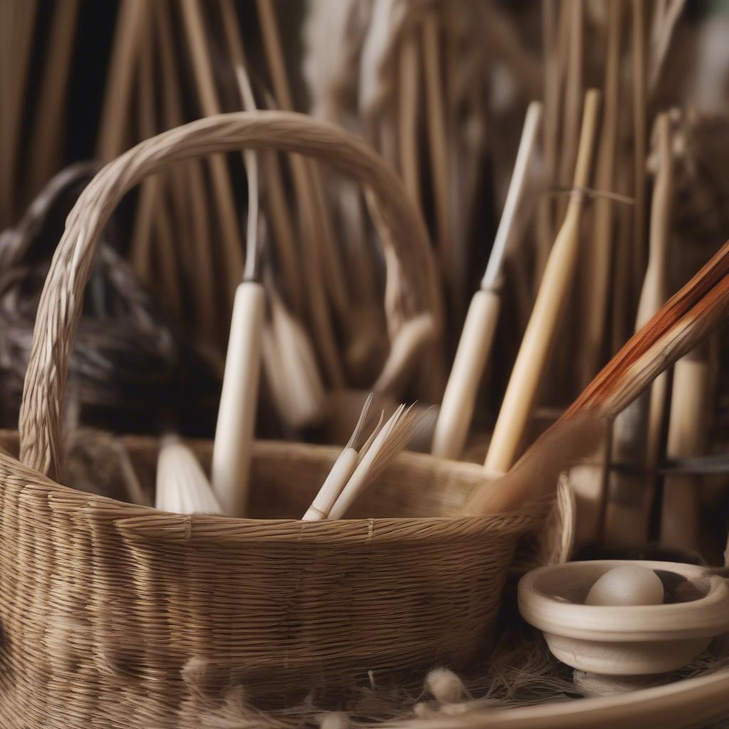 Close-up of the tools and materials used in traditional Native American basket weaving.