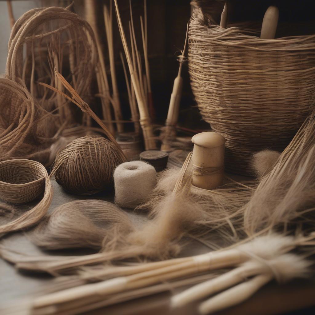 Native American basket weaving tools and materials.