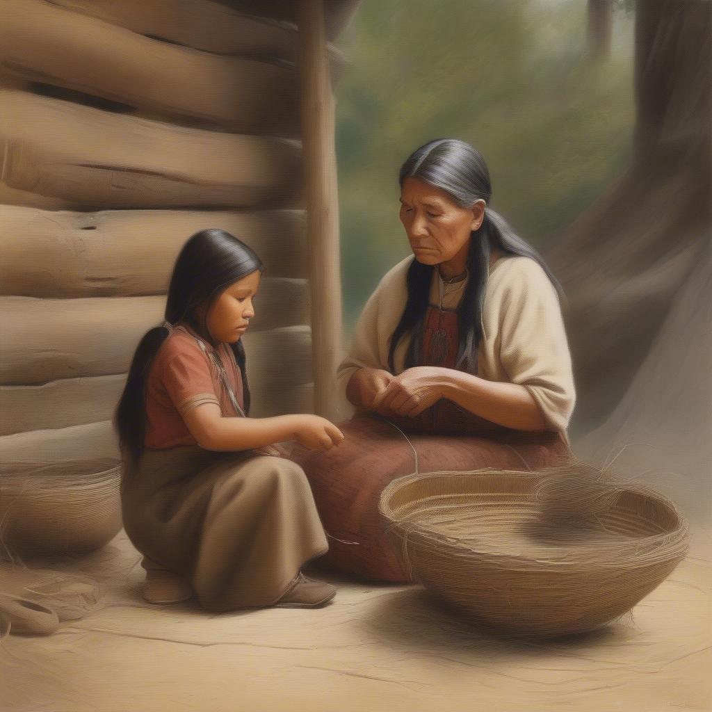 An elder teaching a younger generation the art of Native American basket weaving.