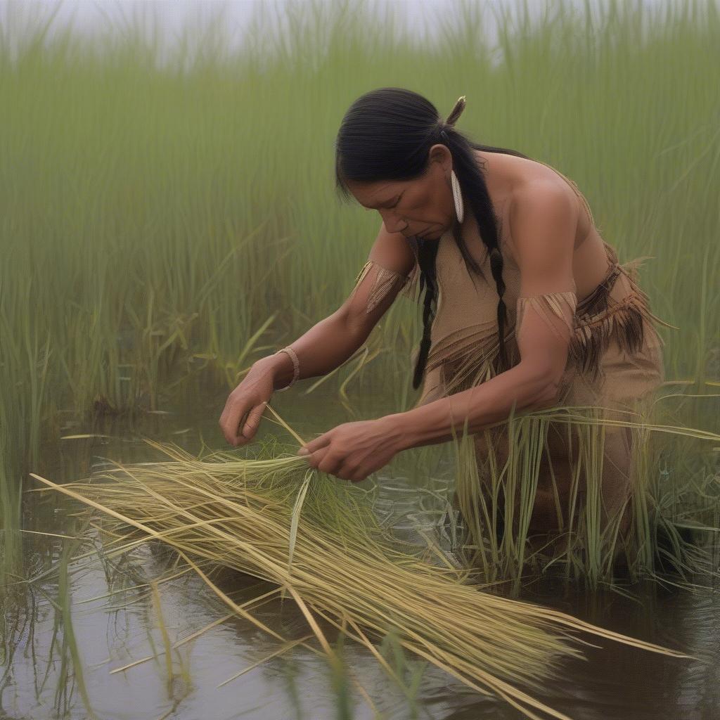 Native American sweetgrass harvesting ritual in a wetland