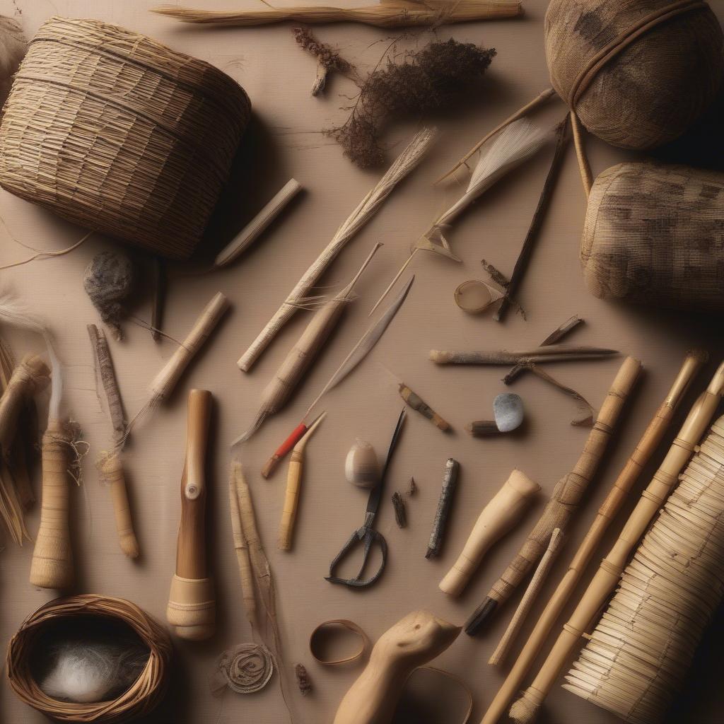 Native basket weaving materials and tools laid out for a workshop