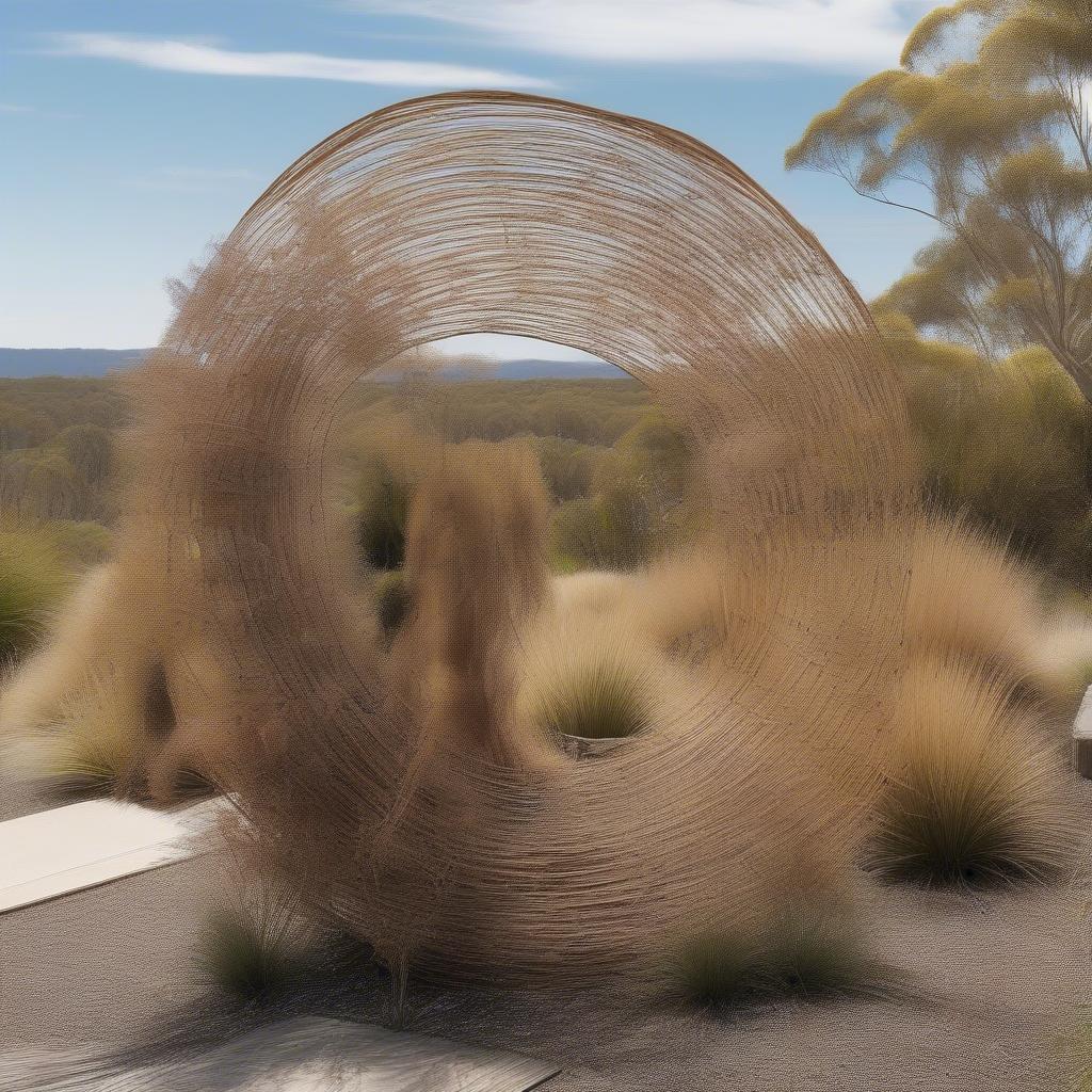 Woven sculpture made from native Australian plants in a garden setting