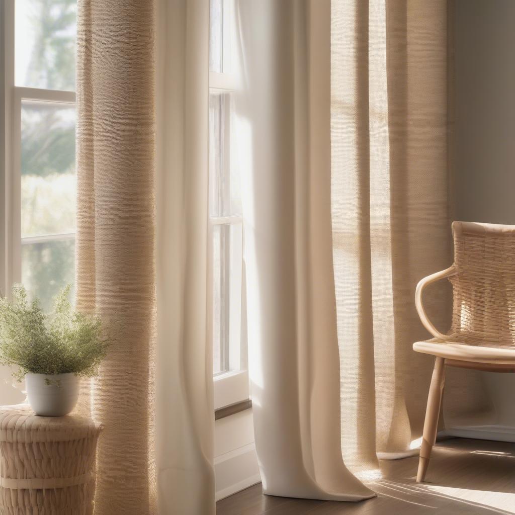 Natural basket weave curtains add a touch of bohemian chic to a living room.