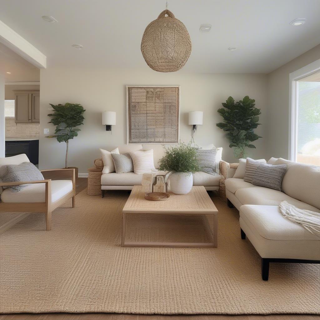 A natural basket weave jute rug 6x6 placed in a living room setting, showcasing its versatility and aesthetic appeal.