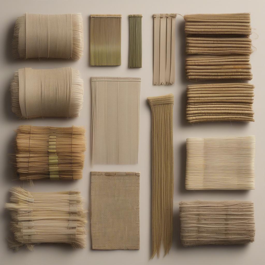 Samples of various natural fibers used for weaving chair bottoms, including rush, reed, seagrass, and splint.