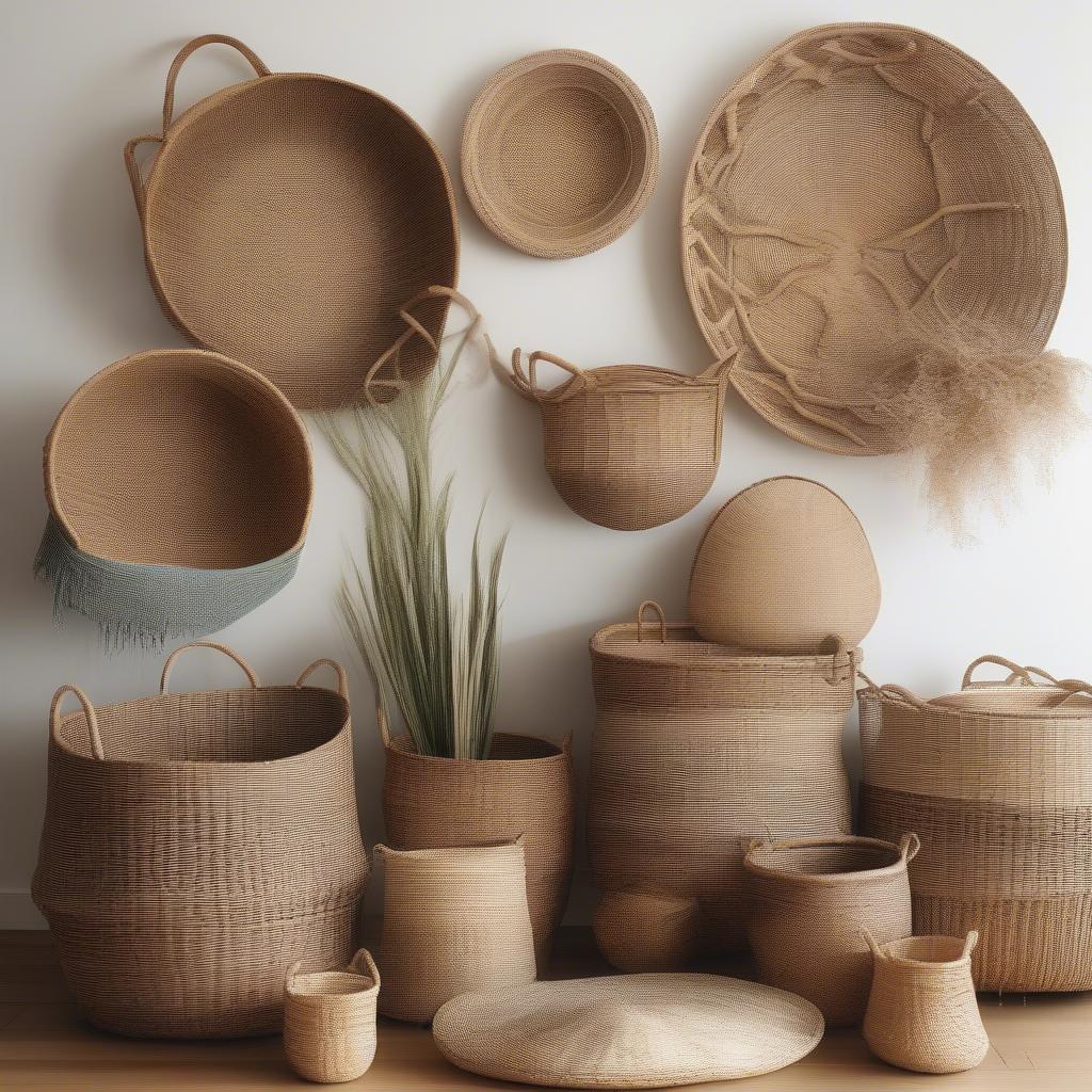 Natural fiber woven baskets arranged in a geometric pattern on a wall