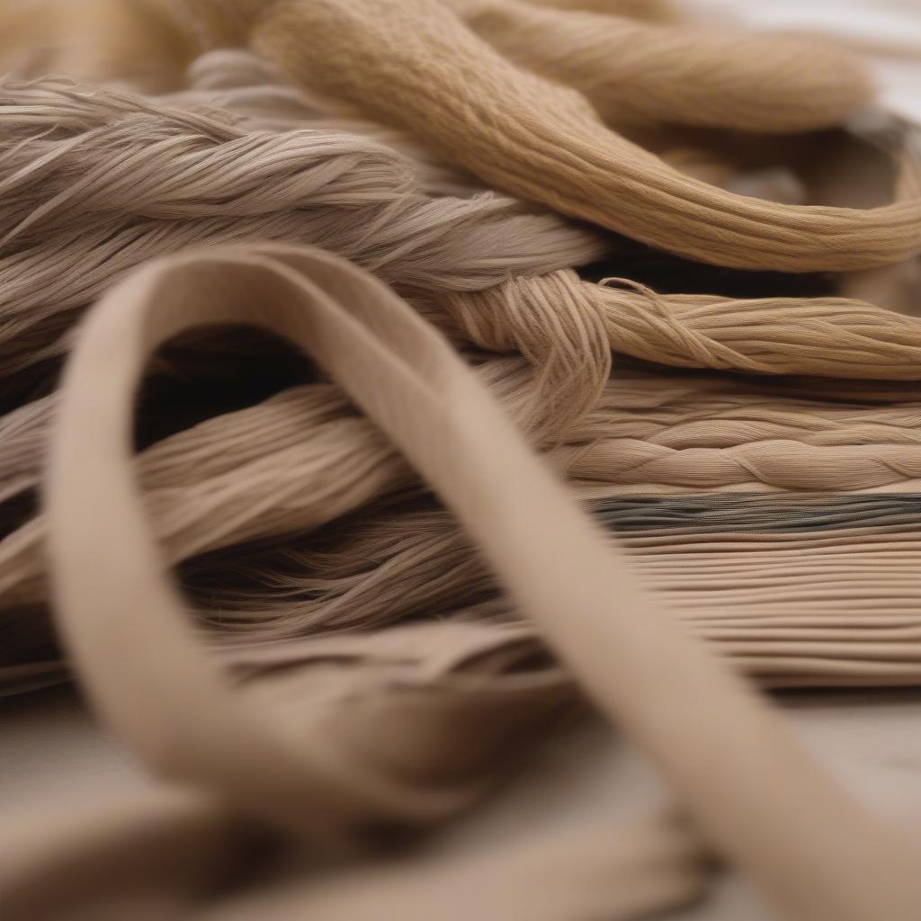 Close-up of different natural fibers used in making basket weave shoes, including raffia, jute, hemp, and leather.