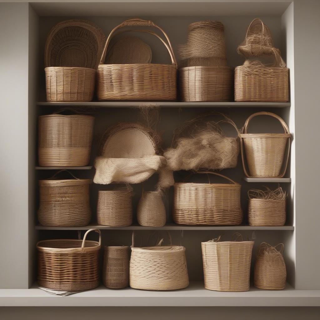 Various natural materials used in basket weaving, including wicker, rattan, seagrass, and bamboo.