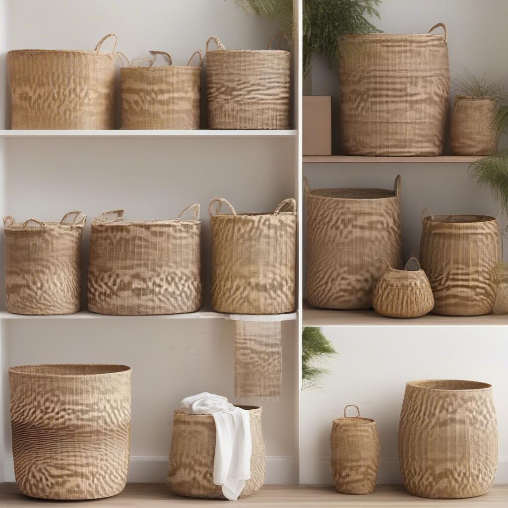 Various Natural Weave Laundry Baskets: Showcasing different styles, sizes, and materials like wicker, rattan, seagrass, and bamboo.